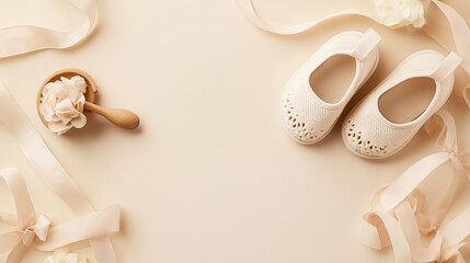 Delicate Baby Celebration Setup with Shoes and Ribbon