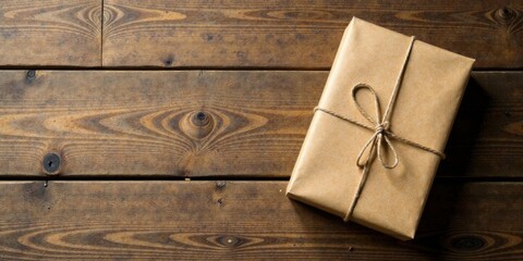 Fototapeta premium A simply wrapped gift rests on a rustic wooden surface