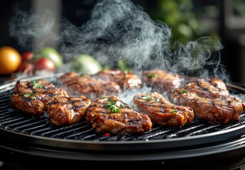 Sizzling Grilled Meat Steaks on Barbecue Grill with Smoke and Fresh Herbs Surrounded by Vegetables Under Bright Outdoor Lighting