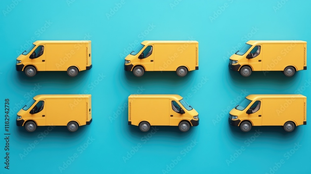 Poster Yellow delivery vans lined up on a blue background with neatly stacked cardboard boxes, symbolizing fast delivery and transportation services.