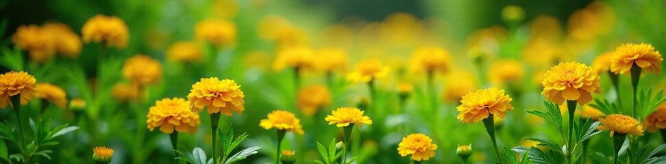 Yellow marigold flowers scattered across a lush green garden, flowerpower, yellow, garden