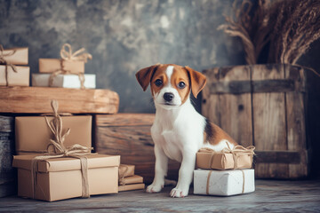 Chiot assis avec des cadeaux