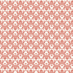 Red and cream damask seamless pattern with bold ornamental motifs. Ideal for retro wallpaper, textiles, stationery, and striking decorative designs.