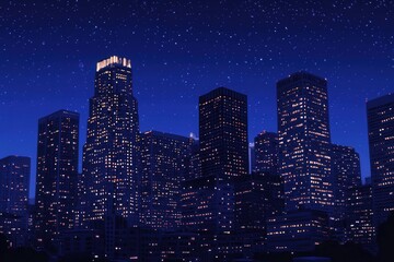 Fototapeta premium A night view of the LA skyline with skyscrapers illuminated against a dark blue sky