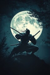 Naklejka premium A ninja in a dynamic pose, holding twin swords under the light of a full moon