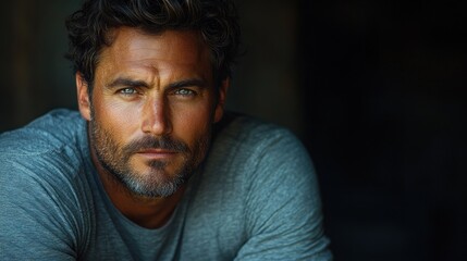 Fototapeta premium Portrait of a man in gray long sleeve shirt dramatic lighting for t-shirt design mockup