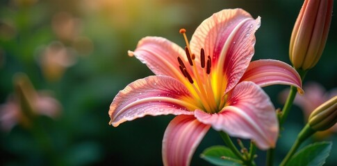 Fototapeta premium Delicate lily petals glisten with morning dew, dew, lilies