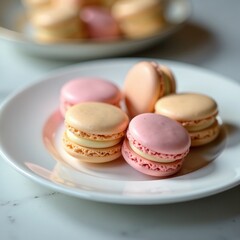 Obraz premium Delicate macaroon shells and creamy filling on a elegant white plate, macaroon, pastry, cookies