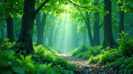 Obraz premium Serene sunlit path through a mystical forest with lush green foliage and a pebbled trail