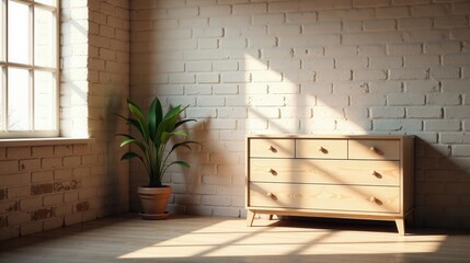 Sunlit Room with Wooden Chest of Drawers and Potted Plant