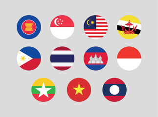 Flag of All ASEAN member countries. ASEAN countries round flag Bundle.