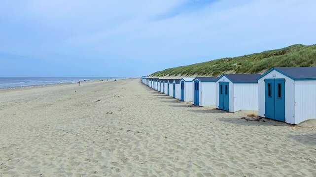 Colorful beach huts sit neatly in a row along the sandy shore of a peaceful Texel Netherlands beach. Gentle waves lap at the shore under a clear blue sky. The scene evokes relaxation and joy.