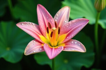 Fototapeta premium Fresh dew glistens on the petals of a lily in bloom, green, in bloom