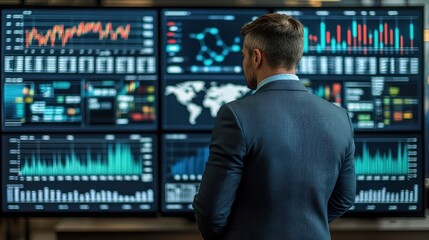 Businessman reviewing data on large screens.