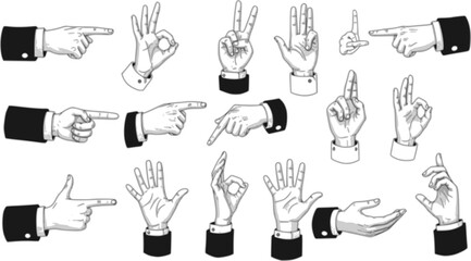 vector set vintage hand pointing retro drawing handshake hand icon high five black and white greeting card ready