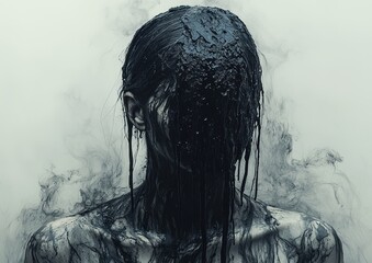 Fototapeta premium Surreal portrait of loneliness and despair with dripping essence, emotional reflection on sadness and mental health in a foggy, ethereal setting