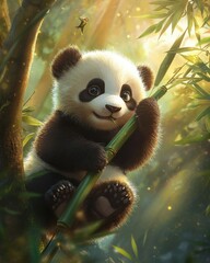 Obraz premium A panda cub playfully chewing on a bamboo shoot, with sunlight streaming through a forest