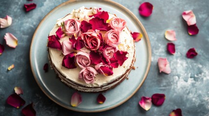 Naklejka premium A beautifully decorated cake topped with rose petals, perfect for celebrations.