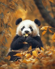 Fototapeta premium A panda nibbling on a bamboo shoot while sitting among golden autumn leaves