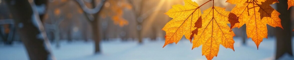 Fototapeta premium Golden hues of autumn on oak leaf against snowy backdrop, yellow, leaf, oak
