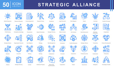 Strategic Alliance icon collection set. Containing partnership, collaboration, joint venture, cooperative agreement, synergy, shared objective, mutual benefit icon.