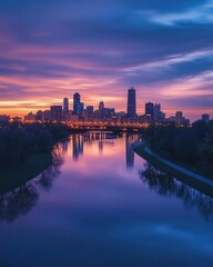 Fototapeta premium A panoramic view of Chicago's skyline at twilight, showcasing vibrant city lights