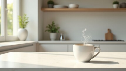 A steaming mug of hot beverage rests on a pristine white kitchen counter bathed in sunlight