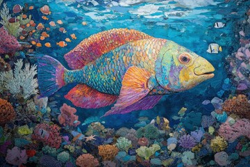 Fototapeta premium A parrotfish swimming among vibrant coral reefs, surrounded by schools of smaller fish