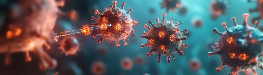 A vibrant, digital representation of viruses floating in a microscopic environment, showcasing intricate details and glowing features.