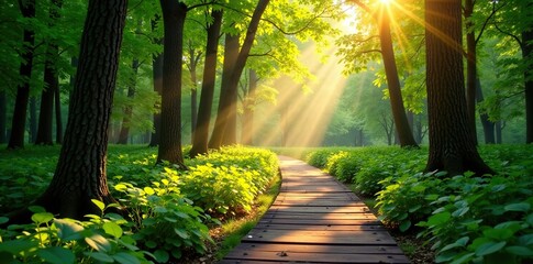 Fototapeta premium Meandering wooden path through sunlit forest foliage, woods, sunlight