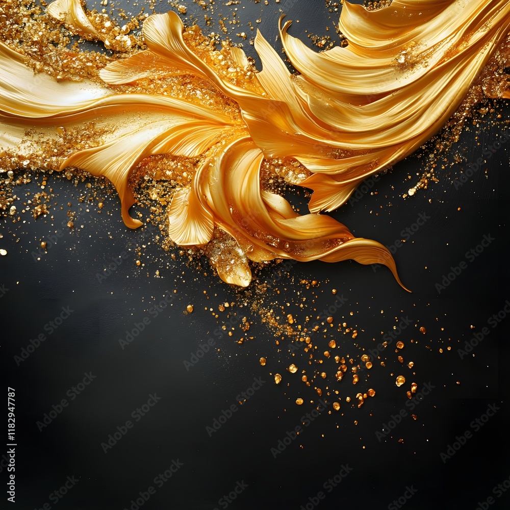 Poster mesmerizing abstract image showcasing a dynamic and fluid golden swirl with shimmering glitter and s