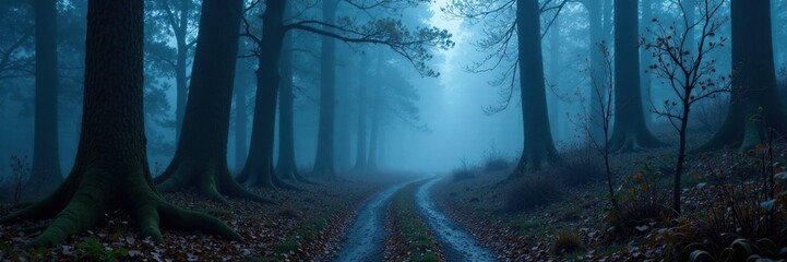Obraz premium Misty forest path winding through towering trees, illuminated by soft blue glow, foliage, cold weather
