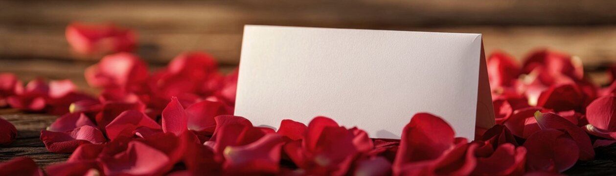 A blank card surrounded by vibrant red rose petals on a rustic wooden surface.