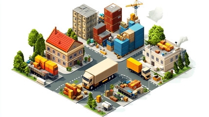 Global logistics network isometric illustration. Isometric Logistics and Delivery concept. Delivery home and office. City logistics. Warehouse, truck, forklift, courier. On-time delivery.