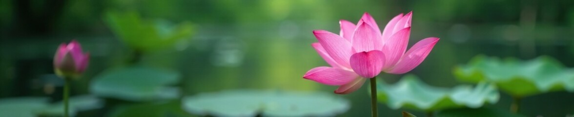 Fototapeta premium Pink lotus flower with a delicate stem in a serene lake, lotus, , pink lotus flower lake