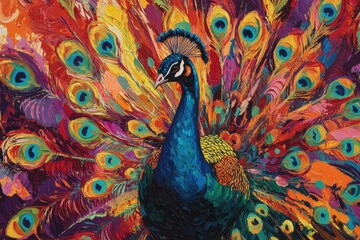 A peacock spreading its vibrant feathers in a dazzling display of colors