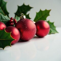 Rot schimmernde Kugeln um einen wei?en Tisch herum, holiday decorations, holly leaves