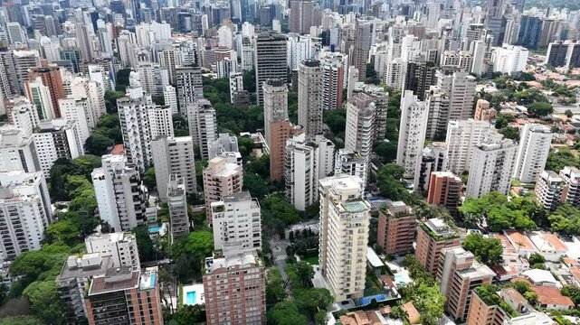 Aerial video above Parque Ibirapuera Sao Paulo on a sunny day