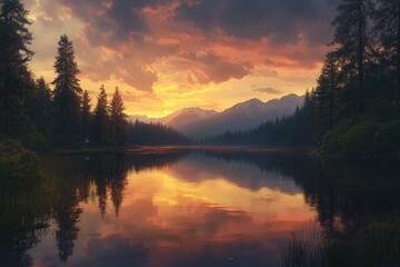 Fototapeta premium A photorealistic sunset reflected perfectly on the surface of a calm lake