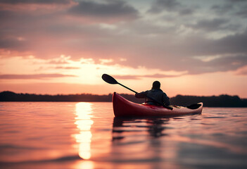plastic calm sunset water red boat paddle sky nature landscape sun cloud sport blue orange lake tour tourism sunshine