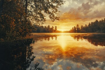 A photorealistic sunset reflected perfectly on the surface of a calm lake