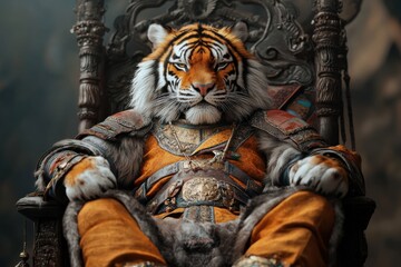 Obraz premium Majestic tiger in royal armor on ornate throne in dark atmosphere
