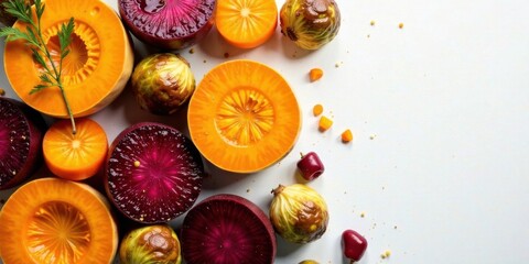 Vibrant autumn harvest bounty a colorful arrangement of sliced root vegetables and fruits, perfect for healthy recipes and fall-themed designs