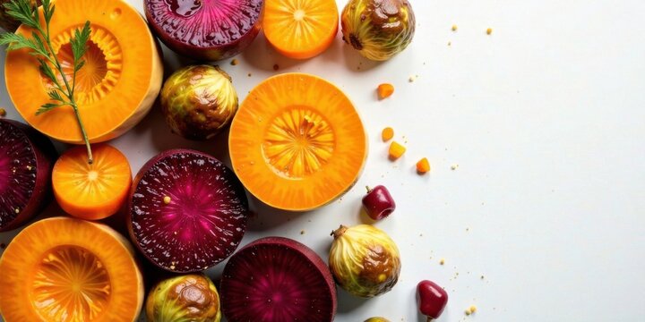 Vibrant autumn harvest bounty a colorful arrangement of sliced root vegetables and fruits, perfect for healthy recipes and fall-themed designs