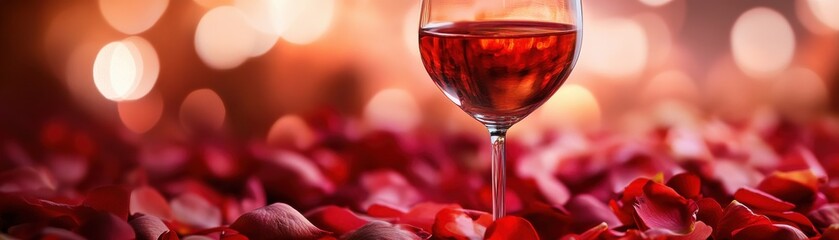 A glass of red wine surrounded by vibrant rose petals, perfect for romantic settings.