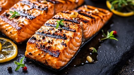 Grilled salmon fillets with a honey garlic sauce