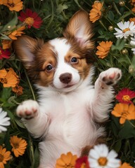A playful puppy lying on its back in a garden, surrounded by blooming flowers