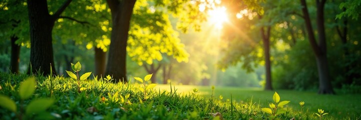 Softly glowing sunlight filters through the trees, foliage, greenery, sunlight