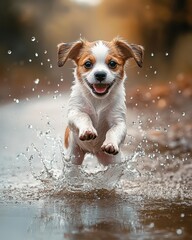 A playful puppy splashing in a shallow puddle, with water droplets flying through the air