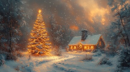 Cozy Winter Scene with Brightly Lit Christmas Tree in Front of Snow-Covered House